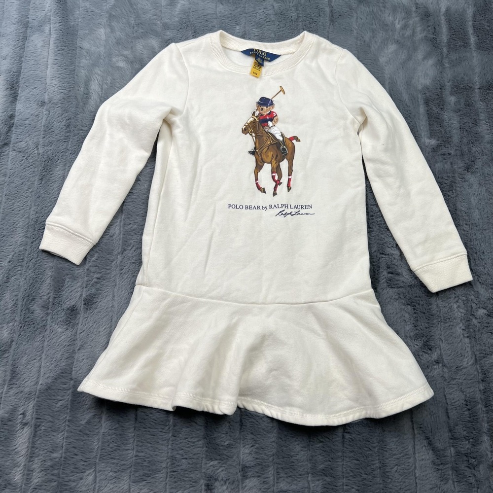 Polo Ralph Lauren Sweater Dress Girls 5 White Polo Bear Ruffle Fleece Tunic